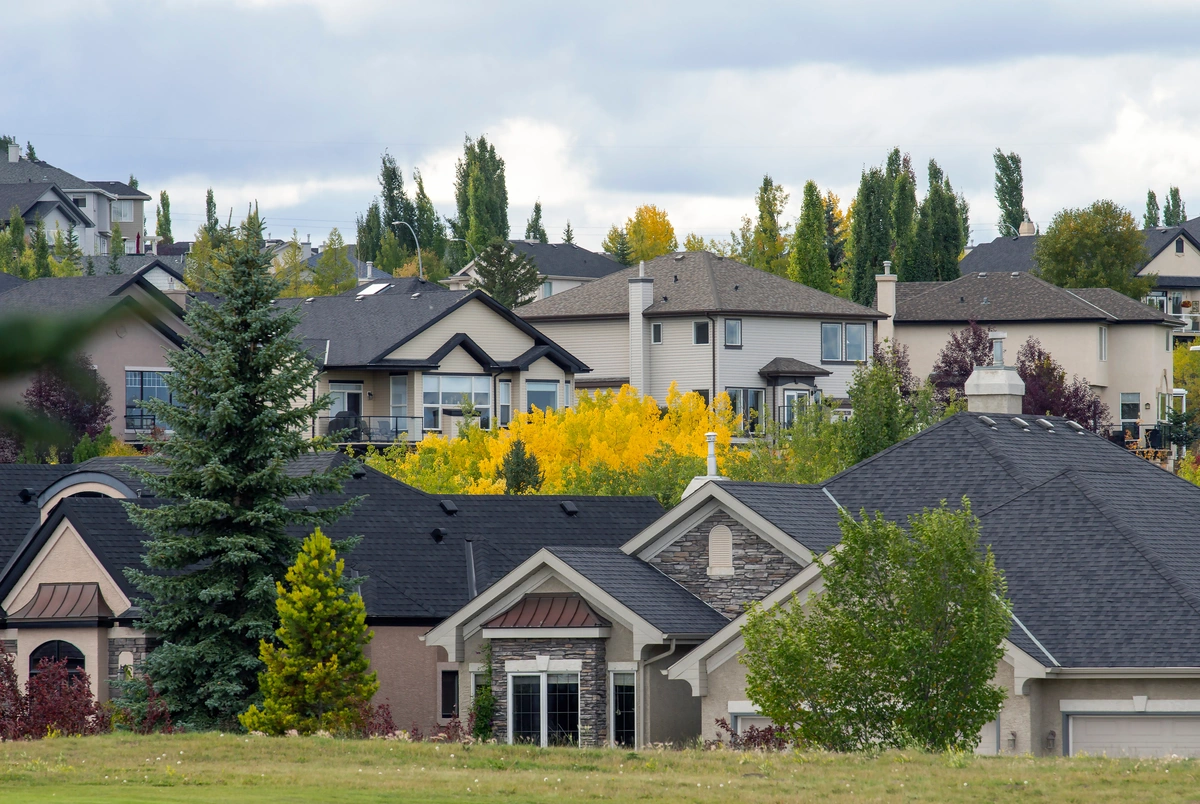 top view of suburban house roofs